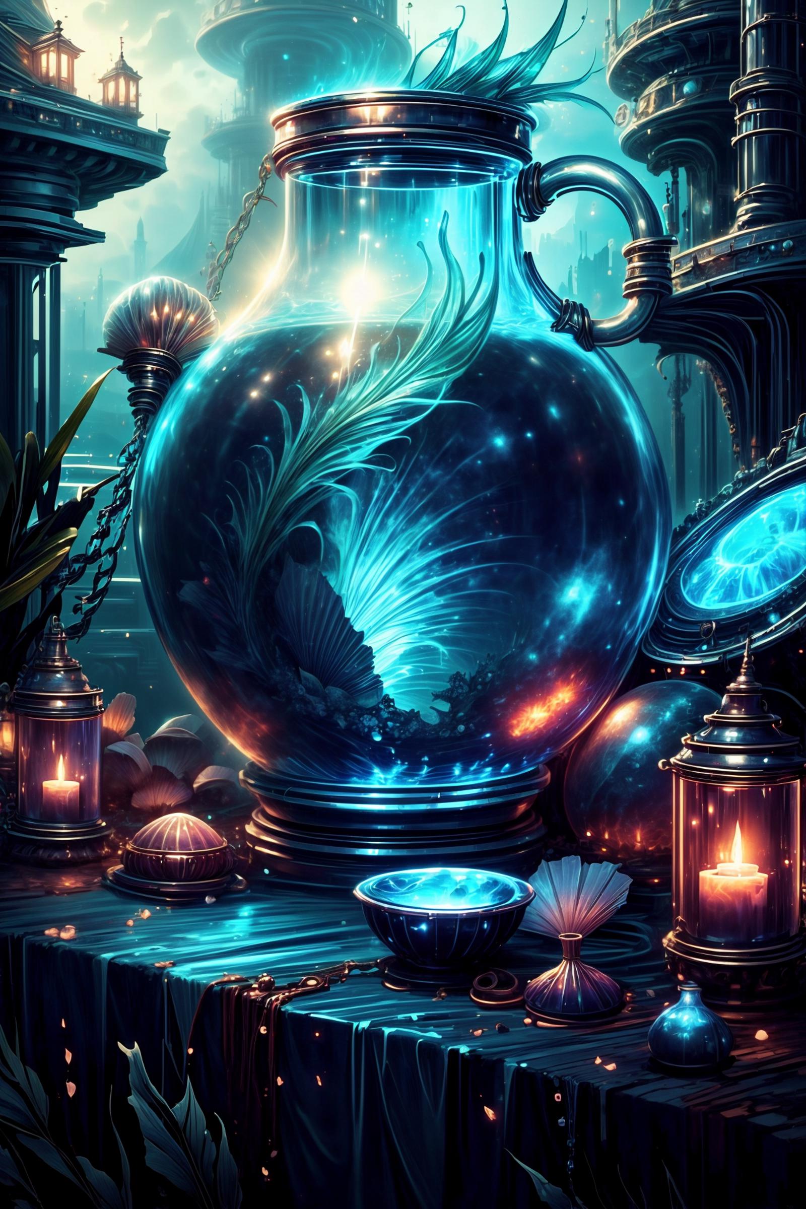 Fantasy Art of a Blue Vase with a Fish Inside and Glowing Light