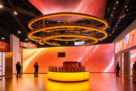 The (lively) interior space design of the (bright beer exhibition hall) filled with red and yellow lights, (many people) standing in the space to celebrate, there are dazzling close-up projections of hops on the ground, beer foam projections, colorful, halo, and on the ceiling A huge ring screen plays the picture of college graduation, the ceiling is a metal reflective mechanical neat pipes structure, and there are monitors all around to play the content of college graduation. Ultra HD, 4k, 8k, vray rendering, renderings, ue5