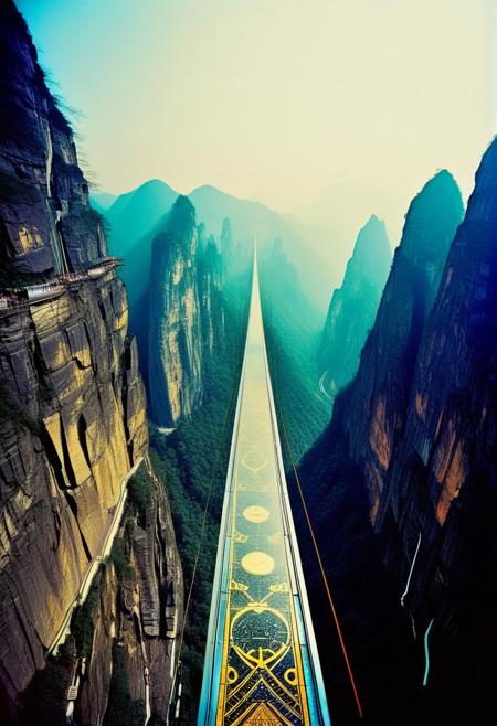()Hyoer Realistic:2.0)Polaroid picture of 
A 100-meter-long (110 yards) glass skywalk, stretching around a cliff on Tianmen Mountain in southern China. The pathway is 1,500 meters up a mountain. The skywalk overlooks by its bottomed giant glasses, the world’s famous “Heaven’s Gate” and Tongtian Avenue, the mountain road with 99 turns. The world’s longest cable car system is also served on Tianman mountain to access its terrifying “Coiling Dragon Cliff” skywalk where situated in the highest location of Zhangjiajie National Forest Park, China.
BREAK Hyoer Realistic:2.0)Polaroid picture of A futuristic, neon-lit table, adorned with ancient Egyptian hieroglyphics and symbols. The album cover, designed by Shusei Nagaoka, features a gleaming, metallic pyramid at its center, surrounded by swirling patterns of gold and lapis lazuli. The band's name, Earth, Wind & Fire, is emblazoned in bold, futuristic letters, while the album title, 'Kemetic Odyssey,' is written in hieroglyphics. 
BREAK ()Hyoer Realistic:2.0)Polaroid picture an image of Ultra-realistic New York City under Wakandan rule: ((The towering skyscrapers now adorned with intricate African patterns and gleaming vibranium accents)). advanced technology seamlessly integrates into everyday life.  ((In the distance, sleek Wakandan aircraft patrol the skies as citizens from both worlds coexist in harmony.))