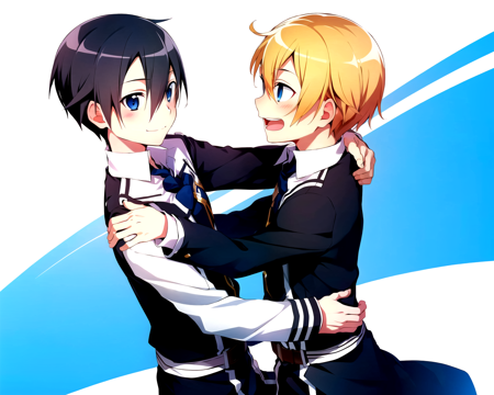 bunbun <lora:bunbun_offset:1>, masterpiece, best quality, kirito, eugeo, 2boys, black eyes, black hair, blonde hair, blue eyes, hug, male focus, multiple boys, school uniform, smile, sword mastery academy school uniform