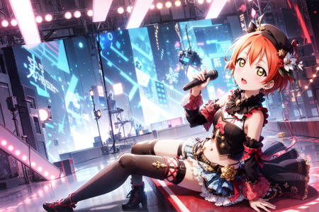 solo,1girl, hoshizora rin, xkl, (((idol, stage, microphone))), neon, light, led, illustration, ((reflection)), thighhighs, sitting, bare shoulders, cyberpunk <xkl:0.4><LLAS:0.4>