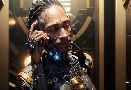 smiling black (1man) in military suit, touches his forefinger to his temple,((looking in camera:1.2)), curly hair, render, unreal 5, 8k, ultra quality, (((masterpiece))), (reelmech:1.4), cyborg hands, cyberpunk 2077, (depth of field:1.1)