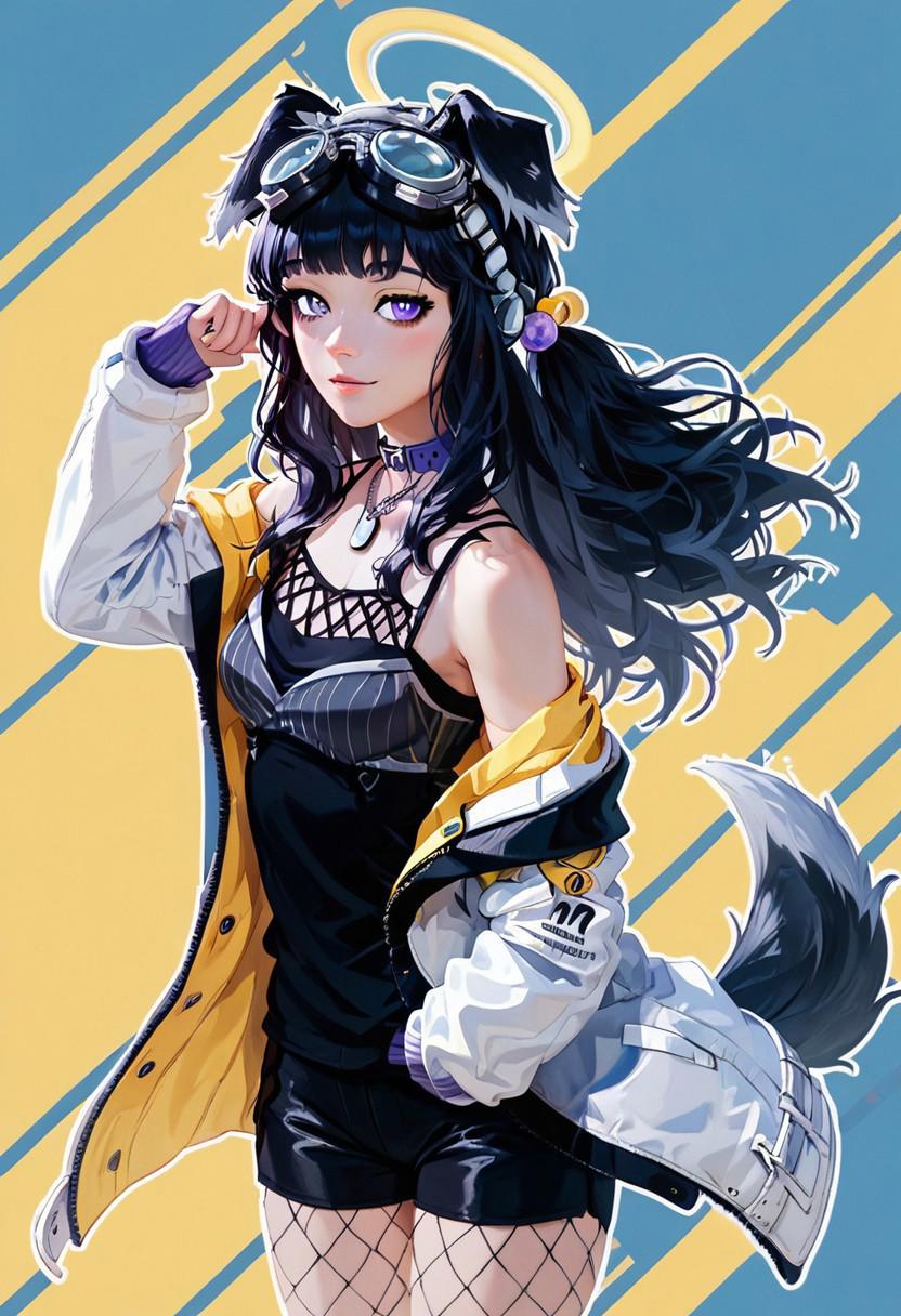 score_9, score_8_up, score_8, medium breasts, (curvy), cute, eyelashes,       
BREAK, 
,,,
zzHibiki, purple eyes, black hair, long hair, animal ears, dog ears, dog tail, halo, black shirt, white jacket, open jacket, black shorts, fishnet pantyhose, off-shoulder, dog tags,
,,,
BREAK, smile, looking at viewer, 
,,,
abstract background, white outline, cowboy shot, 
,,,
zPDXL, Expressiveh,