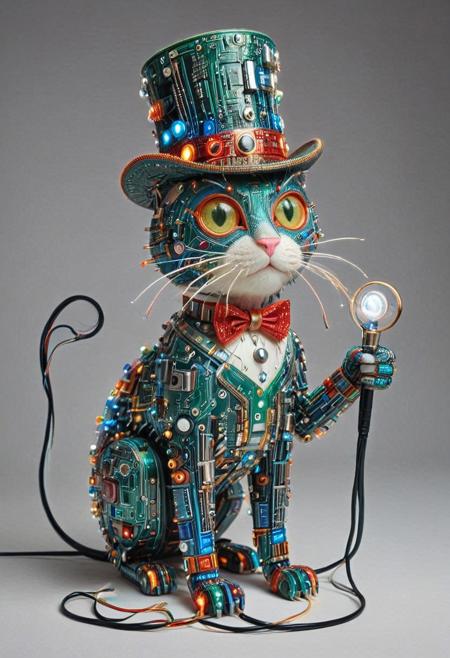 embedding:lazmpos, Transistors, pcb_style, LED, colorful LED lights, RGB lights, red green and blue cat, art deco, top hat, cane, monocle,RetroBG