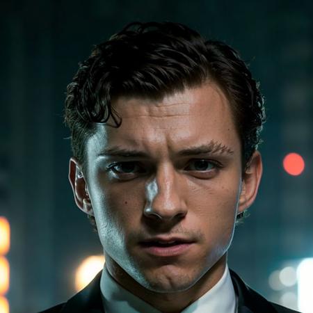 face portrait of tomholland person using a tuxedo, in blade runner, professional photography, high resolution, 4k, detailed photo,   <lora:tomholland_22500:1>