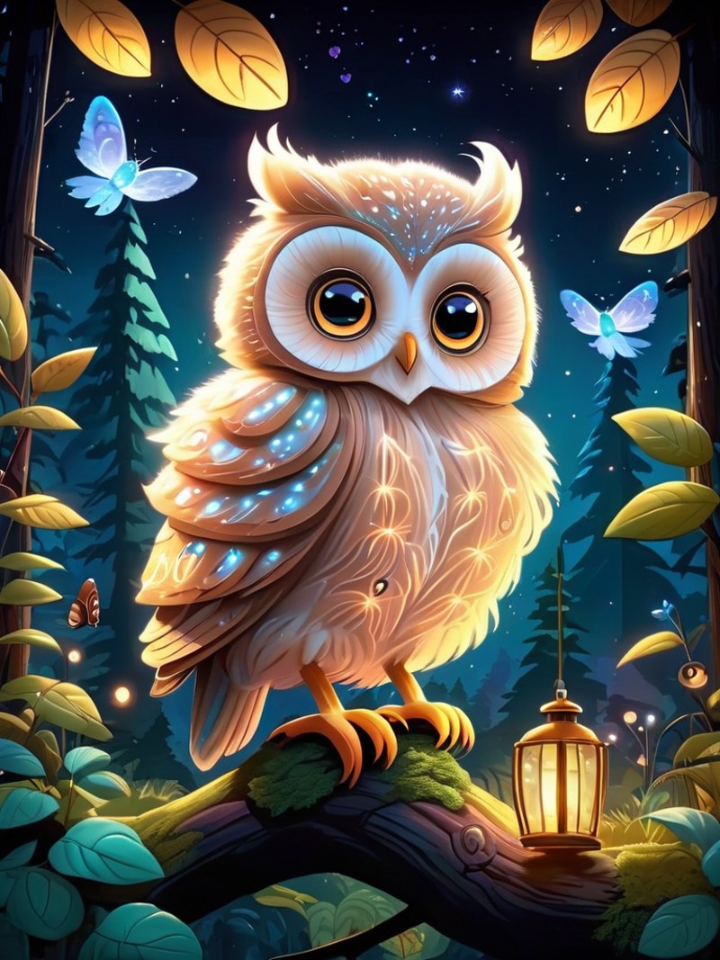 A charming scene of a fluffy, wide-eyed owl perched on a branch in a moonlit forest, surrounded by softly glowing fireflie...