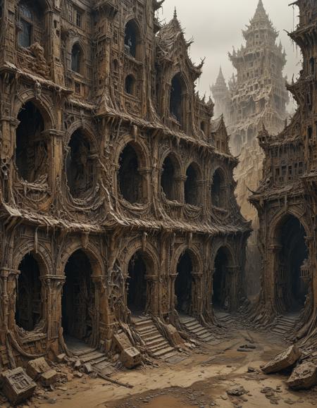 (by Ivan Marchuk:1.5), (In the shadow of despair, The Forsaken Kingdom lies, its once-glorious halls now haunted by echoes of a bygone era, its rulers lost to the sands of time.:0.5) ([Paper mache representation|Cyberpunk style]:1.3)