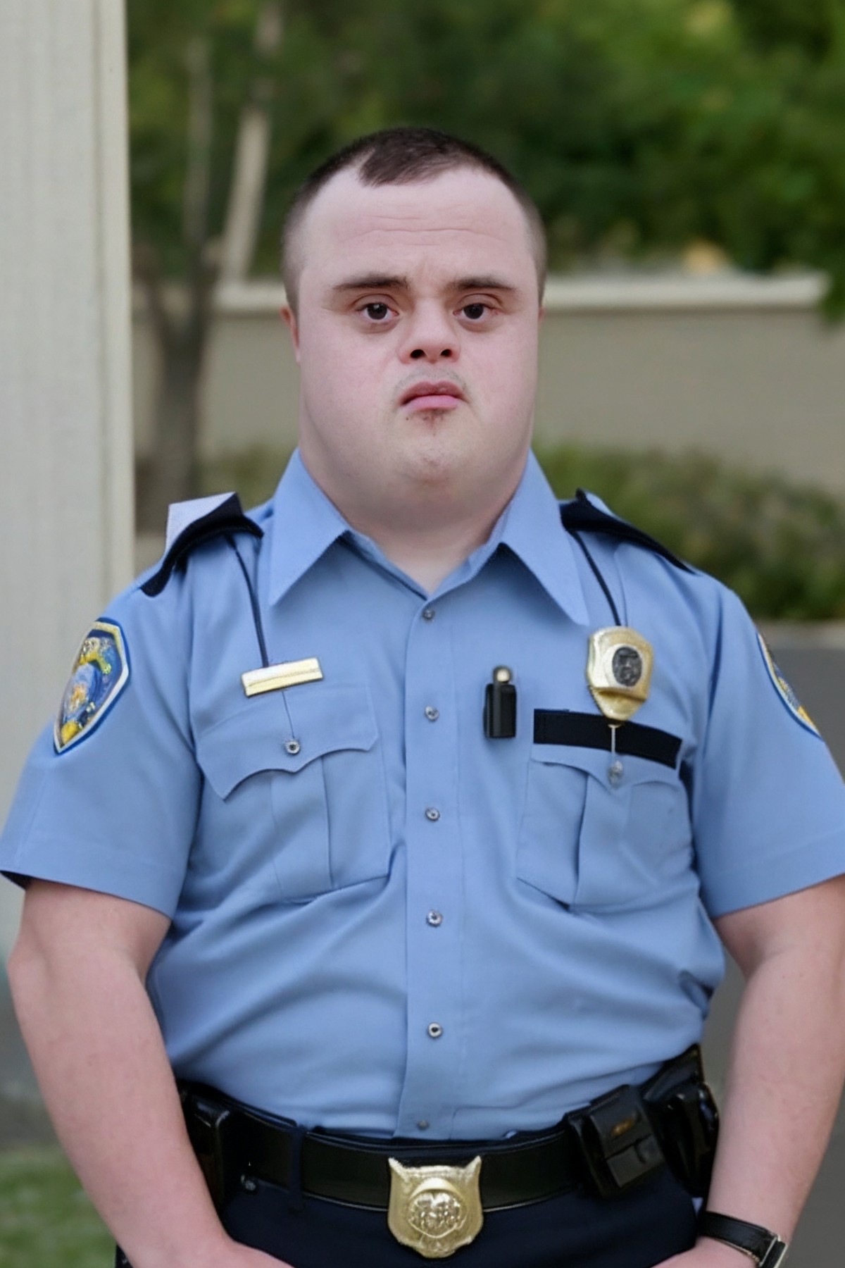 down syndrome, adult, male, police officer, photo, realistic, <lora:Chromosome_1.5:0.8>