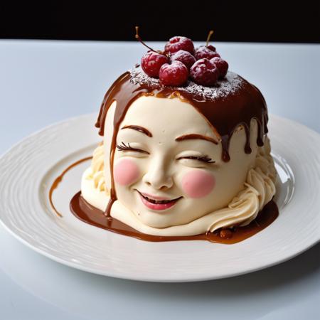cake female head on pillow smiling, skin made of marzipan, hair made of chocolate, eyes made of caramel, tears from milk cream, on a plate, piece of cake from face cut off, layers of sponge and cream visible, cranberry cream pouring out. gourmet, pastry art, intricate, maximalist, light and shadow, photo by Irwin Penn
