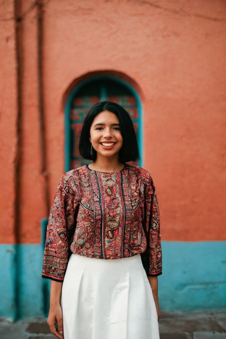 <lora:Angela_Aguilar:0.8>, Raw photo of Angela Aguilar wearing traditional outfit, short black hair, sharp focus on subject, dynamic angle, dynamic pose, happy, standing in a colorful town in Guanajuato, Mexico, Shot center frame with a Nikon F3 and a 35mm f/2 lens, using Kodak Portra 400 film stock by Lilia Alvarado