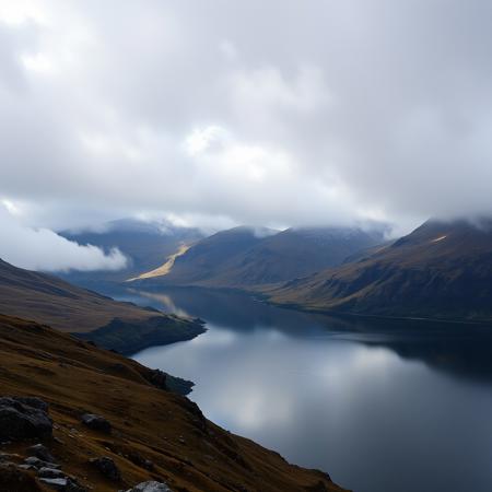 utterly breathtaking color giclee print of a Large Format (color) film photograph of Snowdonia National Park, cloudy day, dramatic contrast, hard shadows, (volumetric lighting), (lake reflection), (fog), shot on a Industar Projector Lens, high contrast, film grain