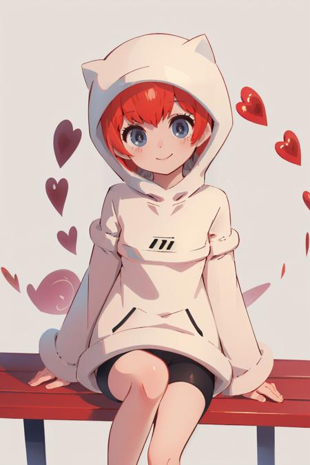 p5sophia, detached hair, heart long sleeves, black shorts white hoodie, hood up, long sleeves, black shorts