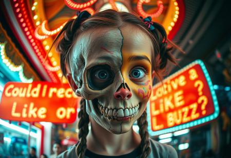 “A whimsical and surreal portrait of a girl with a distorted, comical face, featuring one eye larger than the other, vibrant face paint, and two playful braids in her hair. Half of her face is a real, bones skull, with detailed, decayed bone structure, exposing cracked and aged bones, and the skull appears lifelike yet worn with time. The other half is covered in exaggerated, colorful face paint. The skull gives off a gritty, almost macabre vibe, blending with the lively and hype atmosphere of the carnival. Captured using a 12mm fisheye cinematic prime lens for an exaggerated perspective. The setting is a lively carnival with neon lights, whimsical decorations, and a dreamy yet unsettling atmosphere. A rotten, old light banner in the background displays the text: ‘Could I receive a Like or Buzz?’ in flickering, uneven letters. The colors and contrasts are enhanced for a surreal effect, combining playful and eerie styles, with a mix of humor and dark visual artistry.”