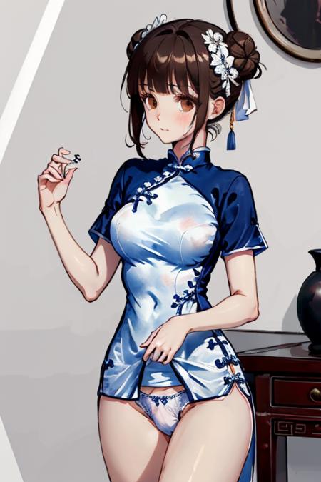 brown hair, double_bun, blunt bangs,chinese clothes , china dress, dress，White dress, white underwear, white panties