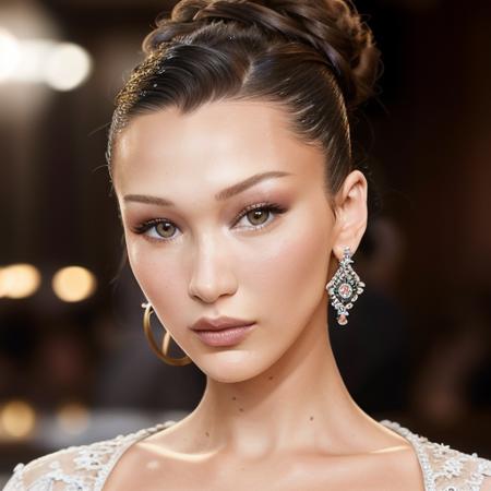 portrait photo of BellaHadid beautiful woman hair updo upsweep nightclub sitting at bar (masterpiece) (best quality) (detailed) (8k) (HDR) (wallpaper) (cinematic lighting) (sharp focus) (intricate) <lora:BellaHadid:0.8>