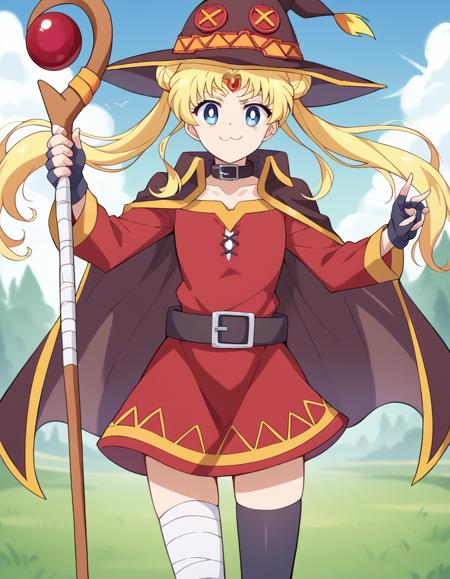 <lora:megumin-cosplay-ponyxl-lora-nochekaiser:1>, megumin cosplay, megumin (cosplay), thighhighs, gloves, hat, dress, black gloves, belt, black thighhighs, fingerless gloves, cape, collar, witch hat, bandages, red dress, single thighhigh, asymmetrical legwear, bandaged leg,