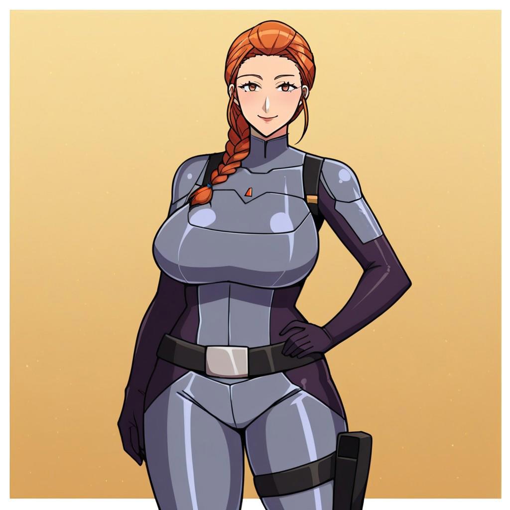 source_anime, <lora:Smooth Anime 2 Style:0.8>
1girl, milf, 30 year, sifi skin tigth suit, sifi armor, belt, holster, blond hair in braid,