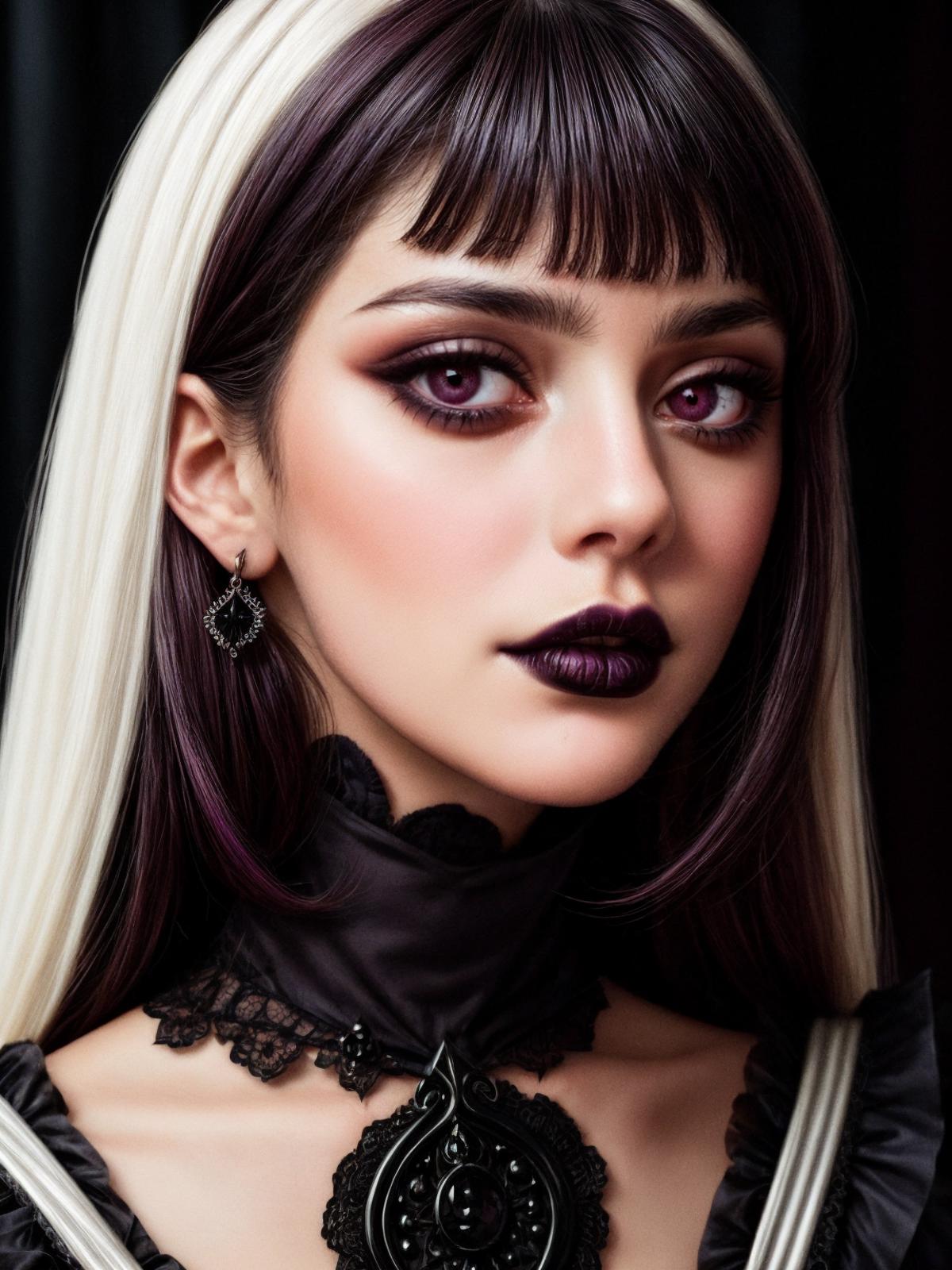 A woman with purple hair, black lipstick, and a black lace choker necklace.