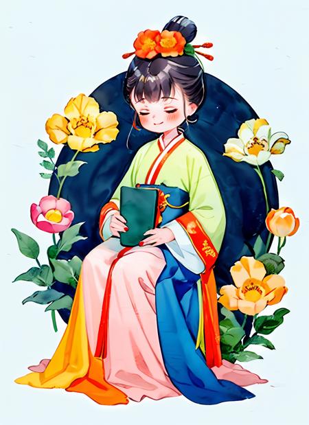 1girl, solo, blush, smile, bangs, black hair, hair ornament, long sleeves, white background, dress, holding, flower, hair flower, hair bun, animal, traditional media, chinese clothes, red flower, red nails, pink flower, seiza, yellow flower, painting \(medium\), watercolor \(medium\), fox, orange flower, on lap, animal on lap <lora:gufeng_v1:0.7>