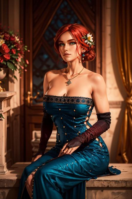 (masterpiece, best quality:1.2),  <lora:triss-15:0.7>, trissW3_soul3142, 1girl, solo, green eyes, breasts, gloves, dress, cleavage, bare shoulders, sitting, flower, red hair, earrings, elbow gloves, necklace, strapless dress, blue dress