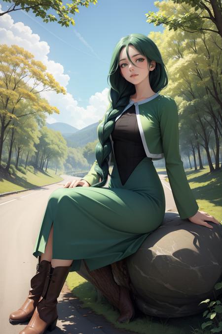 masterpiece, best quality, cheryl, hair over shoulder, single braid, green jacket, long dress, boots, sitting, looking at viewer, road, boulders, tree, sky, field <lora:cheryl-nvwls-v2-000012:0.9>