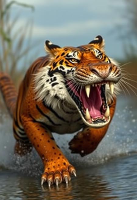 Tiger With Alligator running at you, it is roaring and looking fierce with it's alligator snout open for a bite,  elongated head of an alligatori, t has scales instrad of fur. He has short stubby legs and a long flat tail, hes angry. Tigator, a Tiger and Alligator Hybrid creature, real, First person perspective as if it's happening to you,