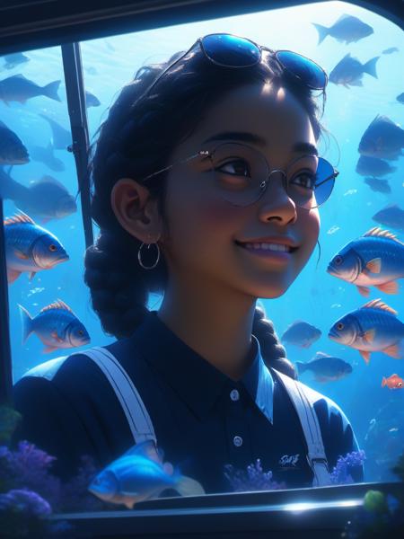 BJ_Teenage_Fantasy, 1girl, solo, long_hair, smile, shirt, black_hair, long_sleeves, brown_eyes, jewelry, upper_body, braid, earrings, mole, twin_braids, dark-skinned_female, lips, window, animal, sunglasses, eyewear_on_head, fish, nose, mole_above_mouth, aquarium,
Anime,8k,intricate,highly detailed,(masterpiece, sidelighting, finely detailed beautiful eyes:1.2),hdr,realistic,high definition,
<lora:Teenage_Fantasy_SDTX_test1:0.7>,