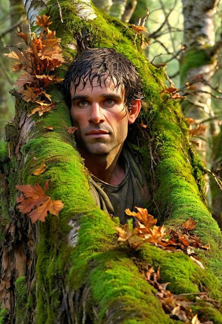 was a solitary male fairy. He was kind and reticent, yet sometimes wild in character. He had a gentle devotion to children. Dark-haired and clothed in leaves and moss, he lived in a birch wood within the Gairloch and Loch a Druing area of the north-west Highlands of Scotland. , 8k, hdr, hyperrealistic, intricate abstract, intricate details, masterpiece, ethereal light