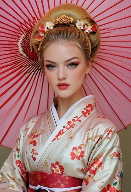 swiss model Julie ordon dressed and make up like a 18th century japanese geisha