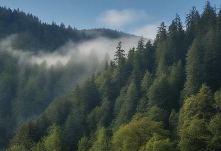 masterpiece, photorealistic, pacific northwest, rainforest, misty, hills, dense trees, blue sky, wispy clouds, serene, peaceful, uninhabited