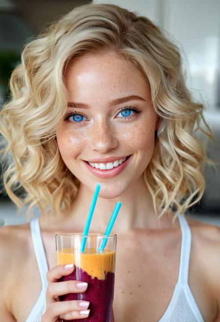 wide-angle view, ((full-figure visible:2.0)), entire body in frame, kitchen overview, ((spacious composition:1.5)), head to toe in shot, standing in kitchen, kitchen advertisement, full body, lips touching glass, glass in front of mouth, (open mouth:1.2), DRINKING, (SMOOTHIE:2.0), drinking smoothie, ((WHITE SMOOTHIE)), smoothie in glass, perfect fruits, perfect glass, perfect fingers,  gym clothing, sports clothes, white top, white sporttop, athletic clothing, happy, smiling, laughing, beautiful girl, short light blonde wavy hair, above shoulder length blond curly hair, bob cut, blue eyes, blue eyes:1.1, perfect eyes, extremely detailed eyes, extremely detailed face, textured skin, photorealistic, hyperdetailed:1.2, insane details, natural look, cute face, stunningly beautiful, pale skin, freckles, blush, detailed skin, extremely detailed, 1girl, shoulders, arms, breasts, hips, hands, perfect hands, perfect feet, perfect eyes, perfect nails, upper legs, legs, happy, open mouth, perfect teeth, in the kitchen, marble kitchen block, modern kitchen, 4K, RAW, best quality, masterpiece, ultra-detailed, hyperrealism:1.2, RAW photo, best quality, realistic, photo-realistic:1.3, best quality, masterpiece, extremely delicate and beautiful, extremely detailed natural lighting, bokeh:1.2, Porta 160 color, shot on ARRI ALEXA 65, Fujifilm XT-3, WARMER LIGHTING, sunny kitchen, warm sunlight, sun rays, inviting atmosphere