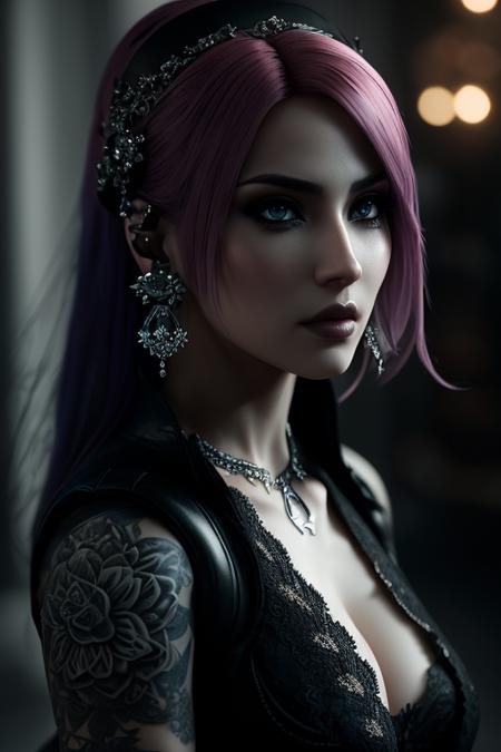 A beautiful gothic-looking woman with pink hair, wearing blue jeans and muscular build, with bold makeup, piercings, tattoos, and earrings, looking directly at the viewer,masterpiece, best quality, high quality, extremely detailed CG unity 8k wallpaper, oil paiting, award winning photography, Bokeh, Depth of Field, HDR, bloom, Chromatic Aberration ,Photorealistic,extremely detailed, trending on artstation, trending on CGsociety, Intricate, High Detail, dramatic, art by midjourney, volumetric lighting