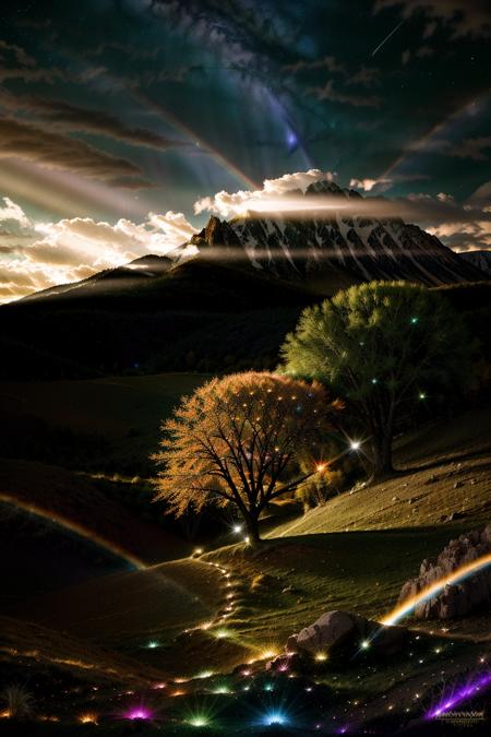 outdoors, sky, cloud, tree, night, glowing, black pants, sunlight, cloudy sky, grass, plant, star (sky), nature, night sky, scenery, light particles, forest, starry sky, light rays, rock, mountain, fantasy, sun, light, sunbeam, wide shot, rainbow, planet, bare tree, landscape