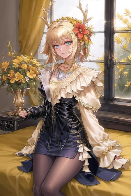 naturegirl hair ornament,blonde hair,hair flower,flower,frills,long sleeves,pantyhose,choker,jewelry,sleeves past wrists,frilled sleeves,antlers,necklace,bangs,short hair,blue eyes,