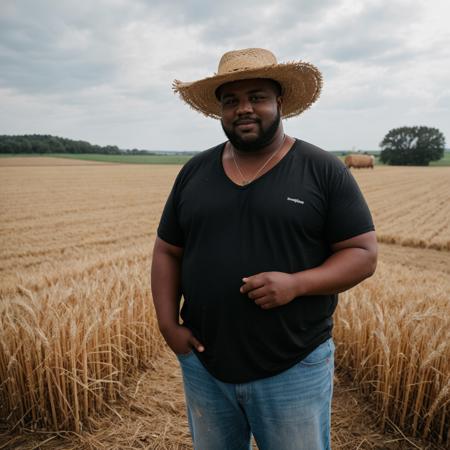 raw photo, a black fat man, a straw hat, (farmer, dirty clothes:1.1), a field with wheat in the background, a ranch, warm lighting, cosy atmosphere, Instagram style, 8k uhd, dslr, soft lighting, high quality, film grain, Fujifilm XT3, (natural skin texture, hyperrealism, soft light, sharp)