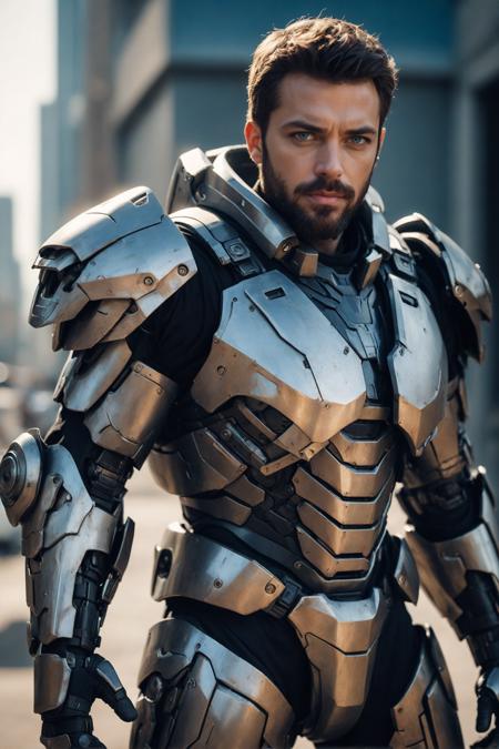 (masterpiece, best quality, ultra-detailed, best shadow), cinematic film still, photo of a man wearing a high tech scifi armor, mecha armor, male focus, armor, solo, facial hair, cape, beard, looking at viewer, blue eyes, blurry background, power armor, knee protection, standing, brown hair, science fiction