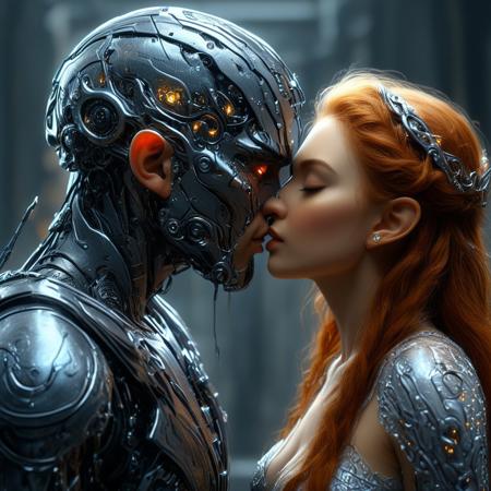 brutal biomechanical cyborg man kissing a beautiful elven queen, magical, sci-fi, beautiful, unimaginable, 
very dramatic, naturalistic, photorealistic, highly detailed digital art, science vs fantasy, 
accurate intricate and realistic anatomy, 
soft lighting, Cinematic, Color Grading, Editorial Photography, volumetric lighting, atmospheric, Photography,