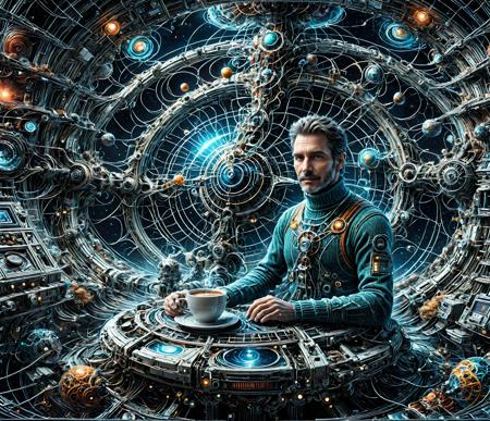 The great space detective from the future, sitting at a involute table with a elegant cup of coffee, listens attentively to the client, his wise piercing gaze expresses many years of experience, determination and a strong character, his easy smile and slightly narrowed eyes show curiosity and disposition towards the client. But behind the positivity, you can feel toughness, and a will to live, and knowledge of life (he has seen a lot). The detective is a middle-aged man with black disheveled hair, unshaven, with ((stubble)) on his face, half turn, dressed in a worn cozy multi-colored turtleneck sweater made of ral-frctlgmtry. Sharp focus. The composition places the detective off-center, allowing the viewer's eye to travel from his face to his companion, the remotely connected client, who dispassionately talks through a futuristic video holographic terminal of cold tones with many mysterious details. The setting is a space station of the future with artificial gravity, evokes thoughts about the realized dreams of the greatest science fiction writers of the 20th century. Soft, matte contours and surfaces of objects without shine or gloss create an impression of reliability and comfort. the picture looks like the best illustration for a fantastic detective story from the future, breathtaking, ultra detailed, intricate detail, gorgeous, ((ral-frctlgmtry)), <lora:SDXLFaeTastic2400:0.8>, <lora:add-detail-xl:1.5>, <lora:ral-frctlgmtry-sdxl:1>