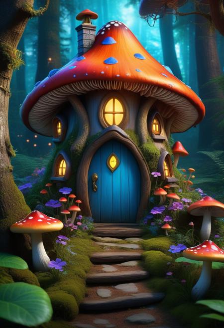 (masterpiece), A captivating scene of a charming mushroom house nestled within a lush, magical fantasy forest. The house is adorned with colorful mushroom caps, and the door is framed with a vibrant floral wreath. The forest is filled with towering trees, glowing insects, and mystical creatures. The overall atmosphere is enchanting, with a sense of wonder and adventure.