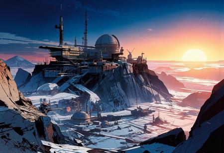 Aerial view, looking down upon a massive lunar crater. A scientific research station, almost a futuristic city, stands on the edge of this vast lunar basin. Large boulders and small rocky spurs are scattered throughout the terrain. The city is perched atop a towering rocky outcrop, overlooking the immense crater, which resembles a barren valley.
The station's architecture is sleek and harmonious, made of glass and steel. A grand building with a colossal astronomical observatory dome dominates the other structures. Multiple platforms host residential and research facilities, with scattered lights, intricate staircases, and antennas spread throughout. The city is surrounded by a vast expanse of frozen rock.
At the base of the outcrop, a dozen smaller research domes, pipelines, conduits, and massive extraction machines fill the foreground, where activity is bustling across the plain. In the middle of the frozen crater, a spaceport stands. The sky is intensely illuminated as the sun sets, casting a bluish glow over the icy city. The air is frigid, with ice crystals drifting in the wind, lifting snow and dust just above the ground. In the distance, Earth is visible, setting on the horizon.