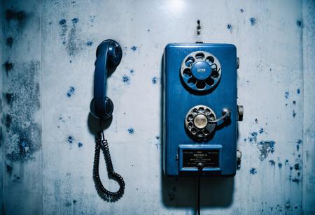 cinematic photo, a metal telephone on a wall, in the style of dark white and blue, confessional, john wayne gacy, japanese photography, soggy, andreas levers, medical imaging film