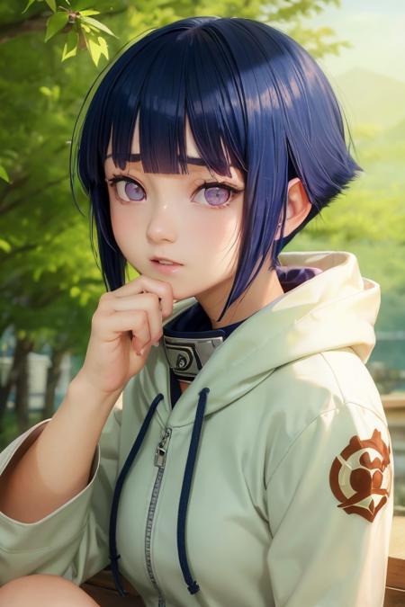 1girl, hinata_hyuuga, portrait, short hair, blue hair, blunt bangs, sidelocks, white eyes, no pupils, hoodie, forehead protector, jacket, mountain <lora:hinata_hyuuga:0.6>