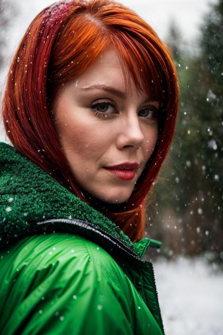 jnh  wearing green jaket, red head, falling snow, closeup, masterpiece, higeres, 4k, hdr, trending on ArtStation,,  <lyco:JenniferH-RealVision-V1.0:1.0>