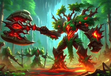 HKStyle, Ent, living tree, wood texture, colored bark, colored foliage, noseless, mouthless, gigantic, strong and imposing, magma, fire, lava, armor and cape, green foliage, dark bark, red eyes, trunk legs, root feet, body on fire, powerful body, muscular arms,broad shoulders, lumbering, dual wielding, fiery red battleaxe in right hand, stony left arm, holding green battlehammer in left hand, fantasy background, forest, blurred background