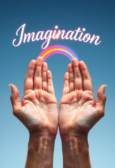 "Hyper-realistic depiction of a pair of hands, held out with palms face up, as if offering a gift to the universe. A vibrant, shimmering rainbow arcs from one palm to the other, its colors gradating from deep red to bright violet. The hands themselves are rendered in exquisite detail, with every wrinkle, crease, and vein visible. The skin is smooth and unblemished, with a subtle sheen that suggests a sense of wonder and magic. Above the rainbow, the word "Imagination" is emblazoned in bold, cursive script, with each letter shimmering and glowing as if infused with an inner light. The background is a soft, gradient blue, evoking a sense of limitless possibility and creativity. Style: extremely detailed, hyper-realistic, and dreamily fantastical, with a focus on capturing the intricate textures and patterns of the human form and the symbolic power of the rainbow and the word "Imagination"."