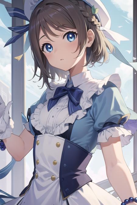 youwatanabe, <lora:youwatanabetest:1>, you watanabe, blue eyes, brown hair, short hair, swept bangs,
BREAK aqua ribbon, bead bracelet, beads, beret, blue bow, blue footwear, blue headwear, bow, bracelet, braid, dress, frilled dress, frills, gloves, hat, jewelry, neck ribbon, ribbon, shoes, short sleeves, thighs, twin braids, twintails, white gloves, white socks,,
BREAK looking at viewer,
BREAK classroom,
BREAK <lora:GoodHands-vanilla:1>, (masterpiece:1.2), best quality, high resolution, unity 8k wallpaper, (illustration:0.8), (beautiful detailed eyes:1.6), extremely detailed face, perfect lighting, extremely detailed CG, (perfect hands, perfect anatomy),