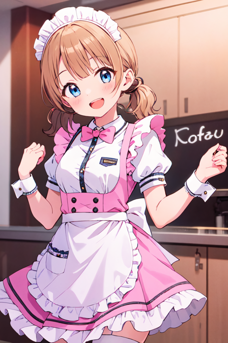 suou momoko, pritty-waitress, pink skirt, hands up, low twintails, blush, thighhighs, smile, blue eyes, :d, cowboy shot, short hair, heart hands, short twintails, white legwear, teeth, round teeth, heart, twintails, open mouth, frilled cuffs, frilled skirt, head tilt, medium hair, maid headdress, eyebrows visible through hair, pocket, buttons, zettai ryouiki, short sleeves, pink neckwear, small breasts, name tag, wrist cuffs, looking at viewer, light brown hair, blonde hair, waitress, pink bow, brown hair, standing, long hair, puffy sleeves, maid, 1girl, upper teeth, pink dress, frilled dress, white shirt, collared shirt, puffy short sleeves, waist apron, frilled apron, maid apron, white apron, pink bowtie, cafe, indoors <lora:suou_momoko_locon_v1:0.7>