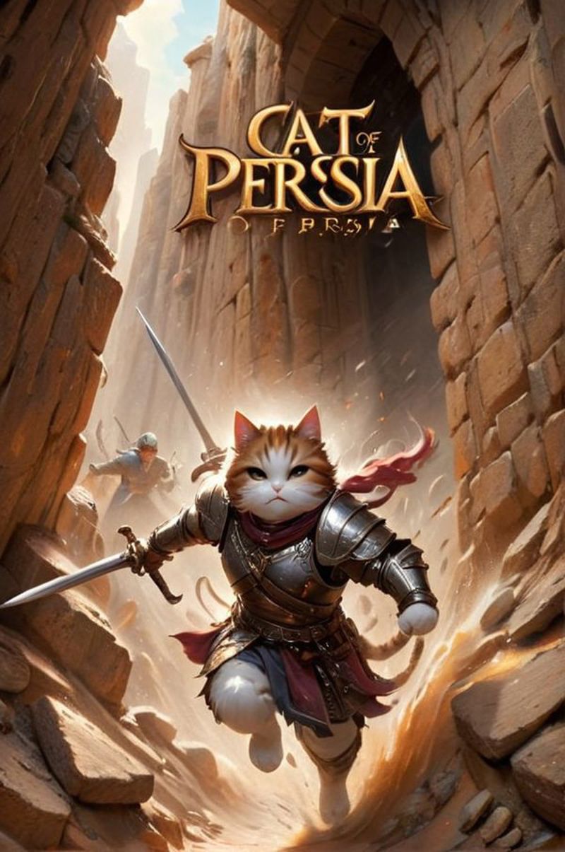 A cat dressed as a knight in armor with a sword, with the words "Cat Persia" above.