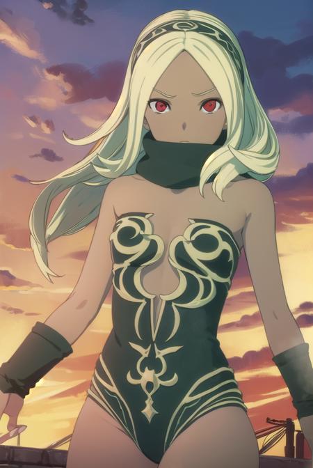 gravity rush kat, long hair, blonde hair, (red eyes:1.3), hairband, dark skin, dark-skinned female, bare shoulders, scarf, leotard, strapless, vambraces, black scarf, leg warmers,