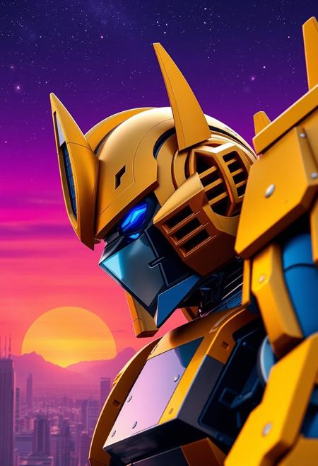 gold and blue transformer, decepticon, villain pose, photograph with a purple sky, cosmic stars, an orange and blue synthwave sun background. Slightly turned. Pointy helmet. Ultra-detailed. Hyper-realistic. Metal city landscape